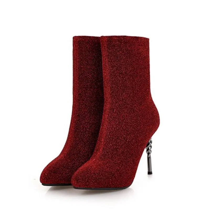 winter New pattern fashion Round head silvery sexy Elastic force Thin leg Short boots Fine heel Add wool Keep warm Women Boots