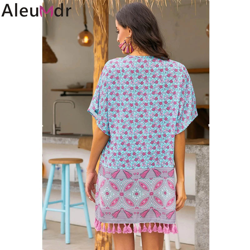 Aleumdr Женская пляжная одежда в стиле ретро многоцветные с бахромой и цветочным