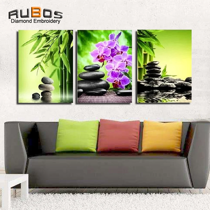RUBOS DIY 5D Алмазная мозаика, цветы бамбук, Орхидея вышивка Триптих алмазная живопись Настенная Модульная картина 3D узор камень