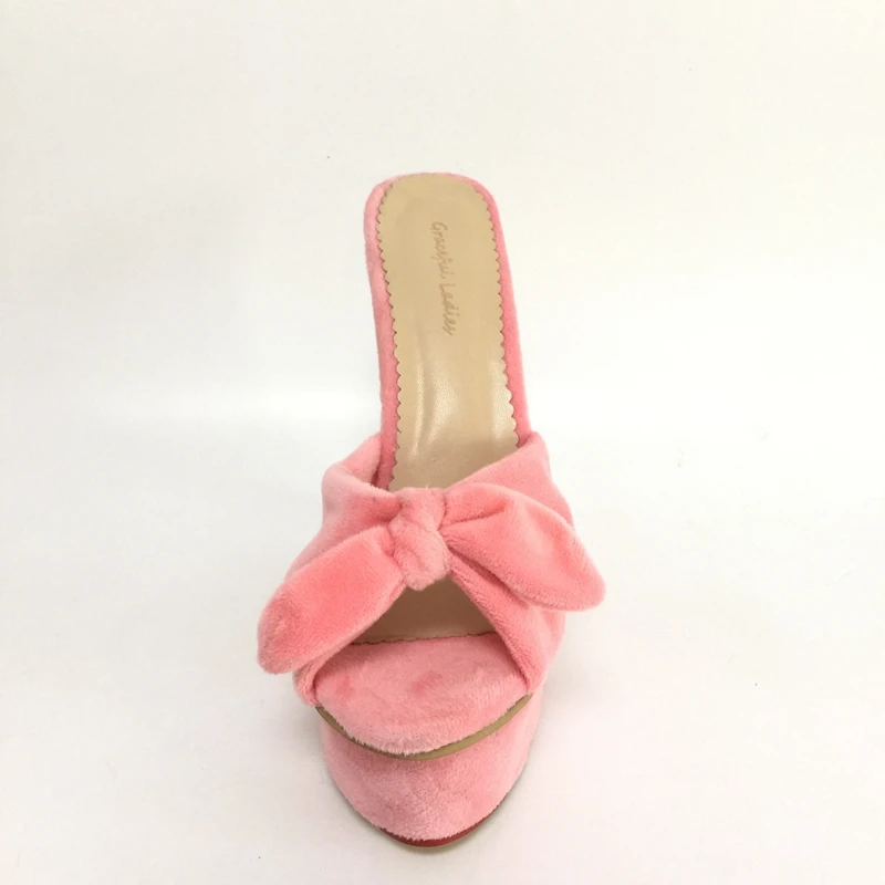Милые розовые женские шлепанцы на танкетке высоком каблуке с бантом открытым