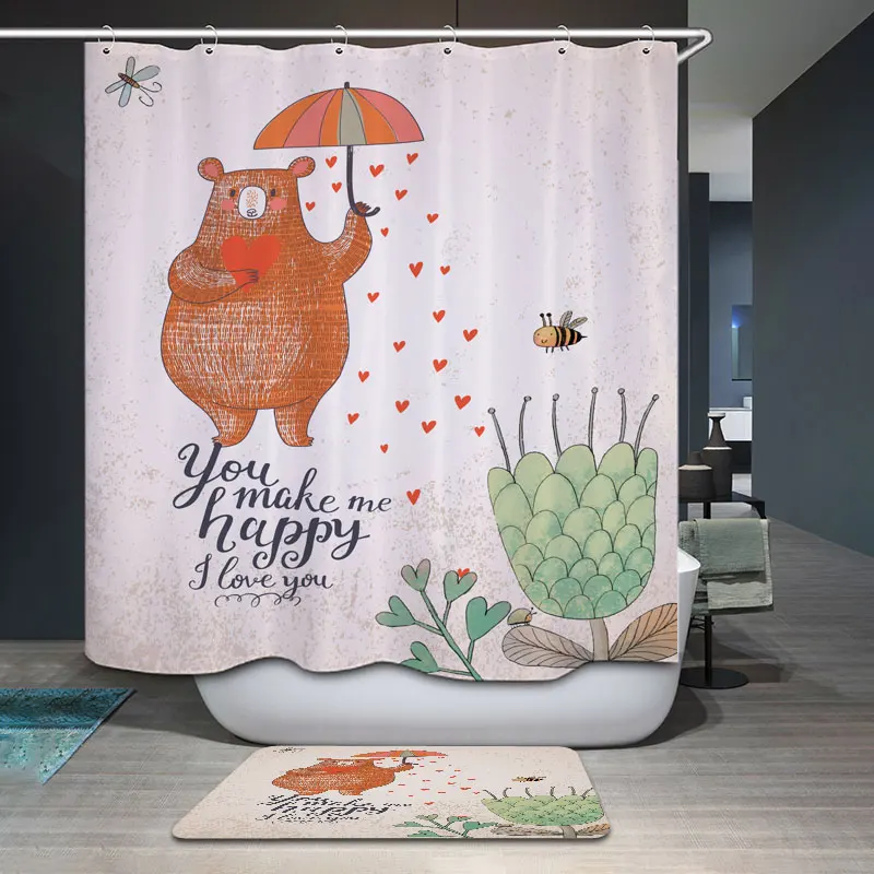 decorUhome Polyester Waterproof Bear With Heart Plant Letter Shower Curtain Bathroom Curtains 12 Hooks Mildewproof Bath | Дом и сад