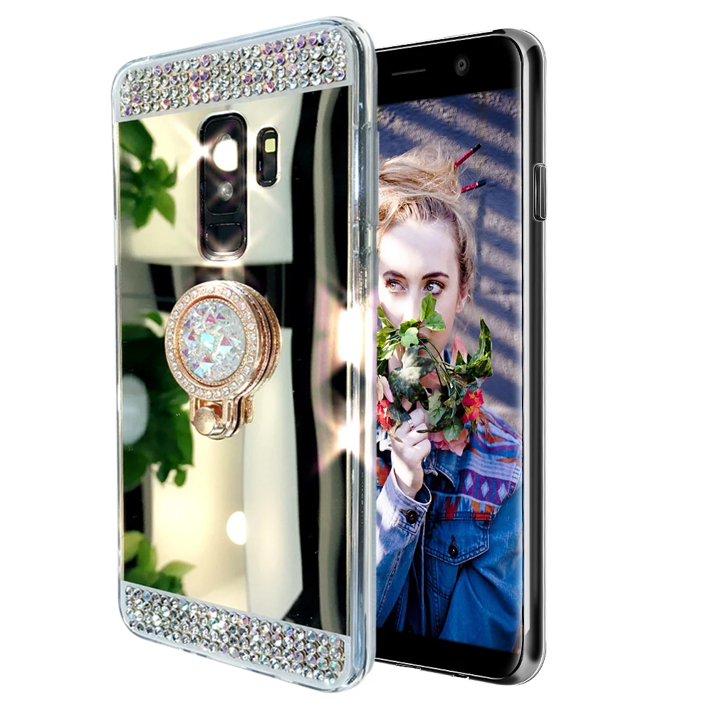 Зеркальный блестящий чехол со стразами для Galaxy S8 Plus S7 Edge с кольцом на палец Samsung S9