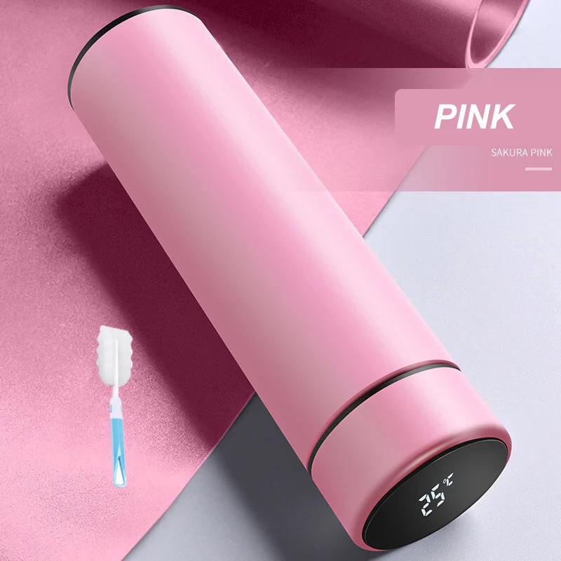 Pink with Cup Brush Дропшиппинг 304 нержавеющая сталь Интеллектуальная термоизоляционная вакуумная колба термос кофейная чашка дисплей температуры на заказ - Color: Pink with Cup Brush