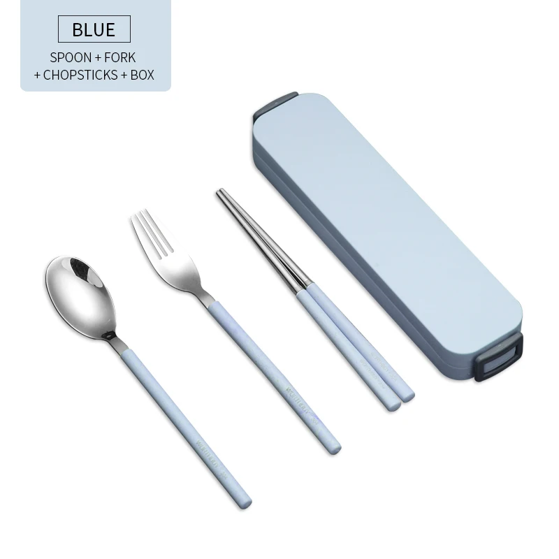 Blue 4 Set Портативный набор посуды для путешествий 304, набор посуды из нержавеющей стали с ручкой из пшеничной соломы, набор кухонных столовых приборов - Цвет: Blue 4 Set