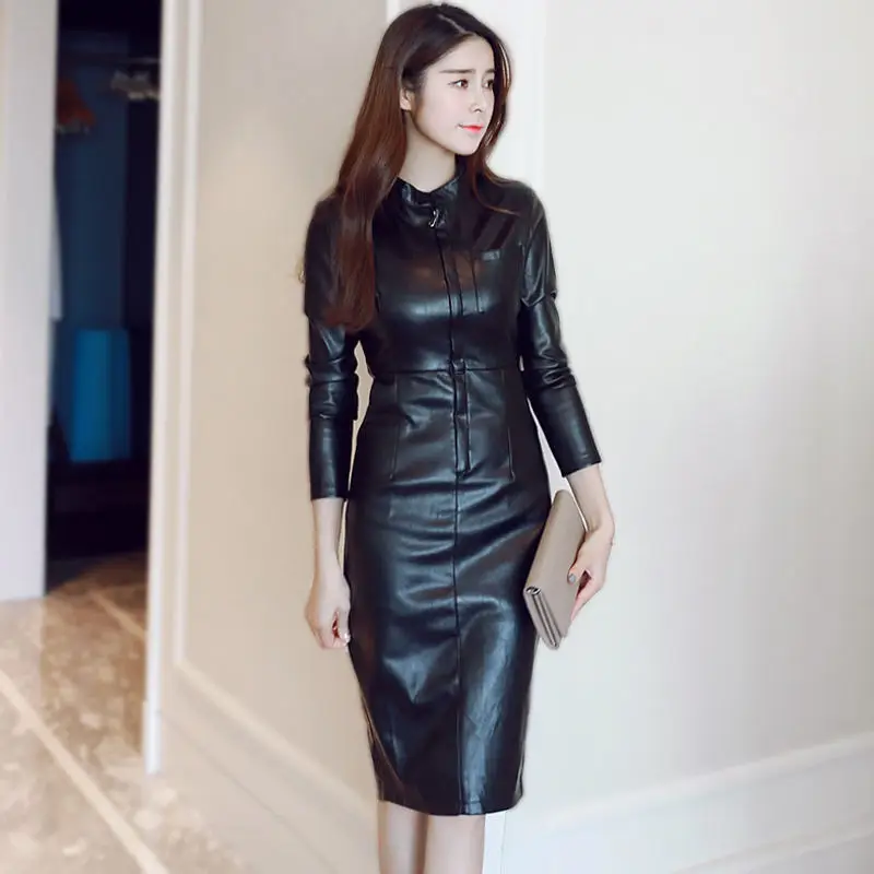 Осенне-зимнее кожаное женское платье Vestidos, Сексуальные облегающие вечерние облегающие платья Eleagnt Robe Femme, уличная одежда на молнии, Дамское Платье Q1073