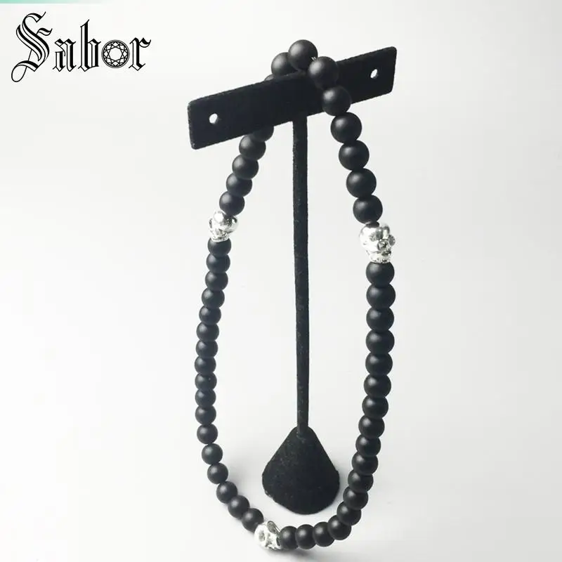 Колье из ленты с цепочкой черепом Rebel матовые черные бусины обсидиана и