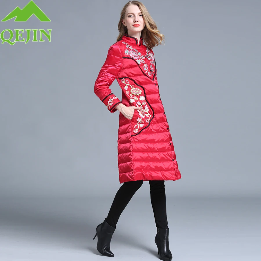 

Women's down jacket Winter coat High Quality Women 90 White duck down parkas flower Embroidery Stand Collar Warm thick outerwear