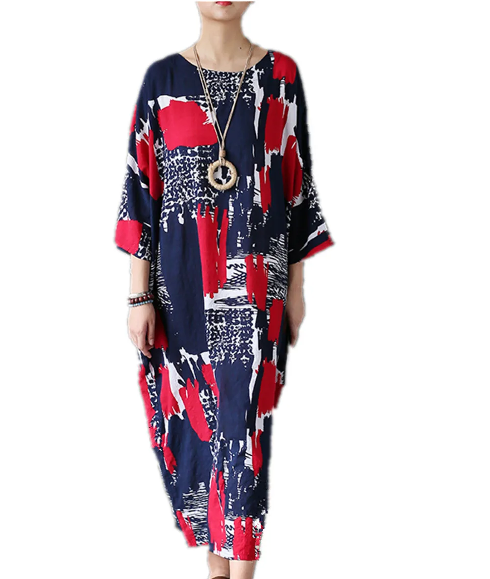 Yesno js4 Для женщин Свободные Длинные Printed Shift Dress Повседневное 100% хлопок кимоно с