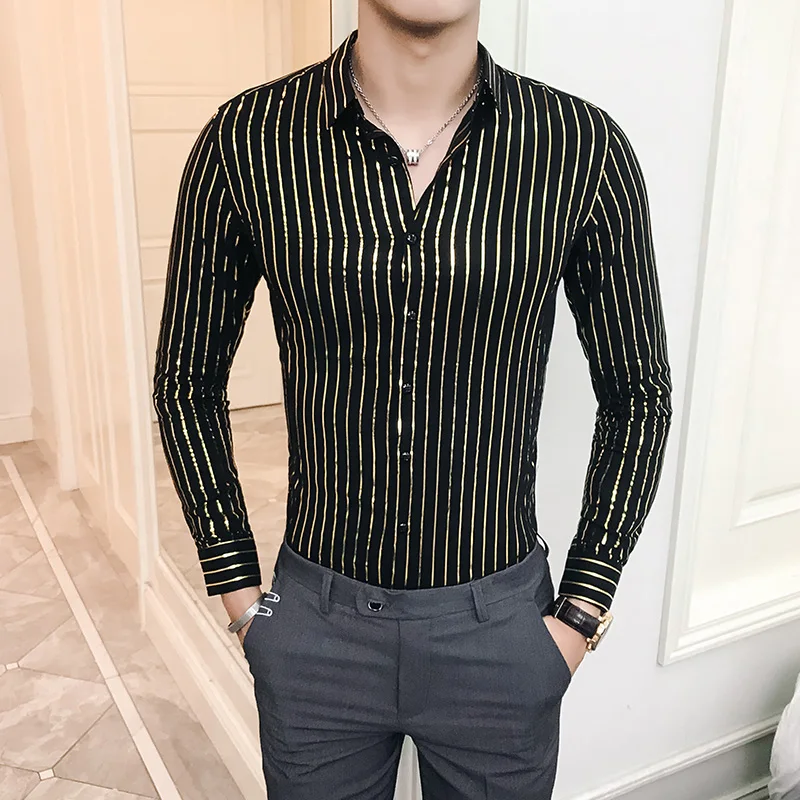 Модная мужская рубашка черно белая Золотая Серебряная полосатая блуза с