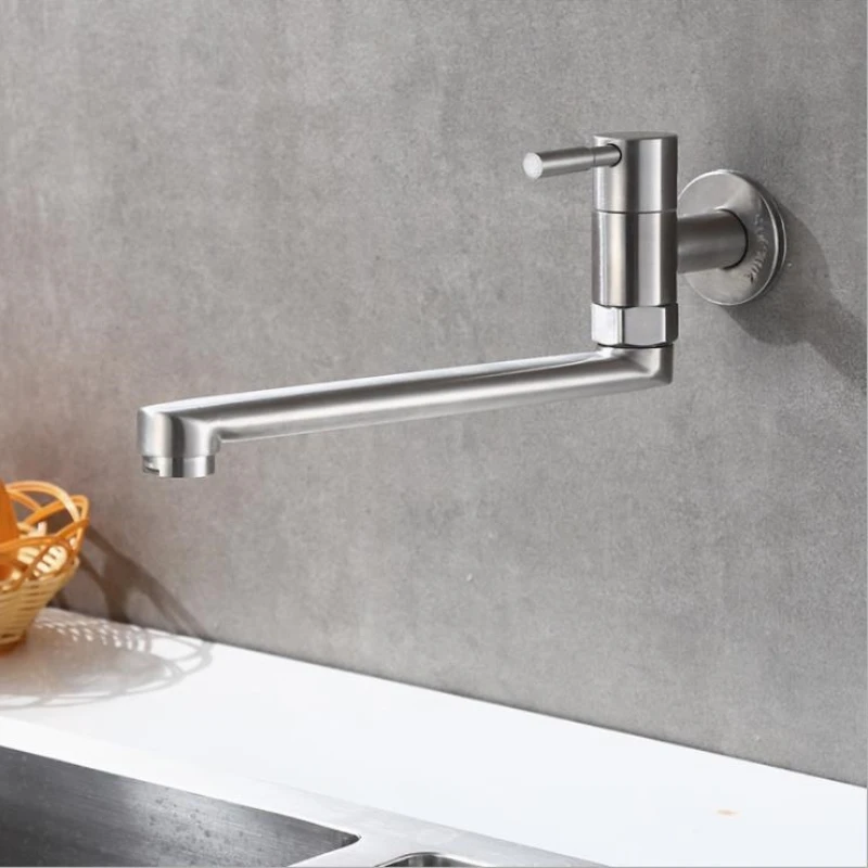 1pc Kitchen Single Cold Faucet 304 Stainless Steel Into The Wall Pool Fast Open Faucet Stove With Long Tap Bibcocks