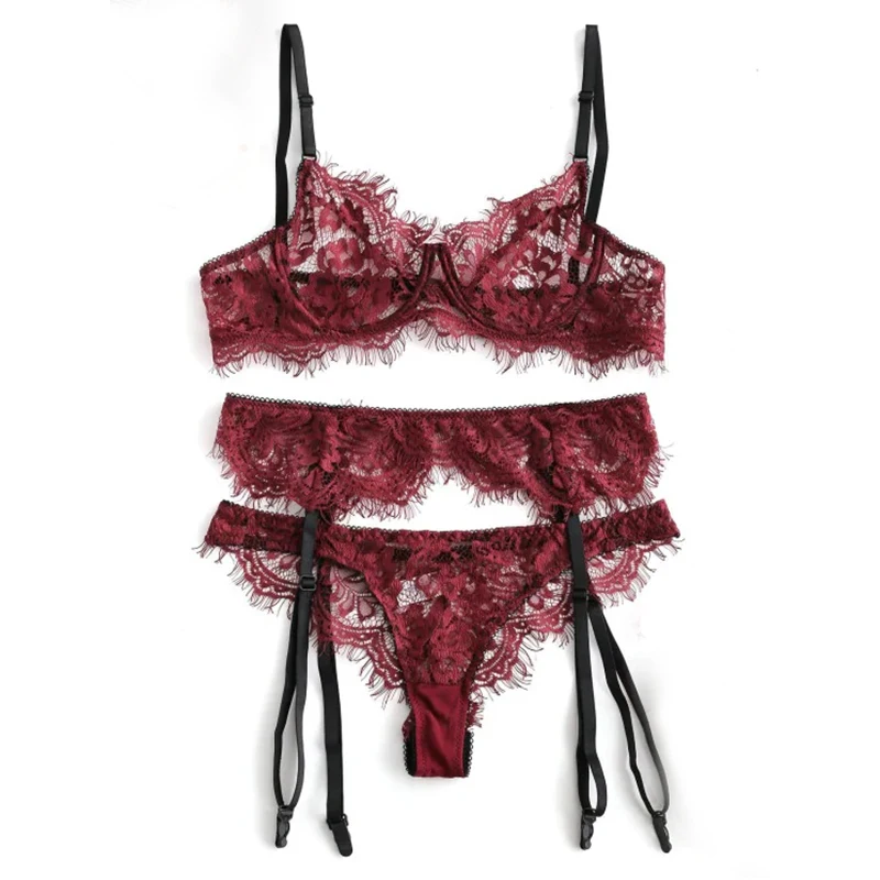 Aduloty Babydolls прозрачное сексуальное нижнее белье комплект нижнего белья с контрастной окантовкой на косточках с кружевной подвязкой-красное Вино