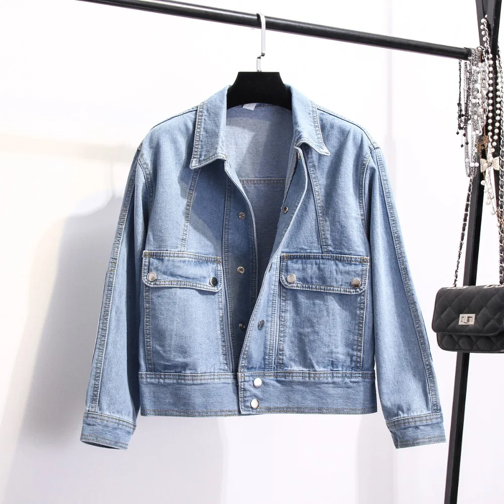 Короткая джинсовая куртка Женская Повседневная синяя тонкая с карманами