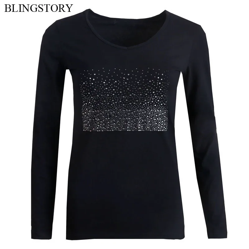 Осенние Хлопковые женские футболки BLINGSTORY с V-образным вырезом и длинным рукавом