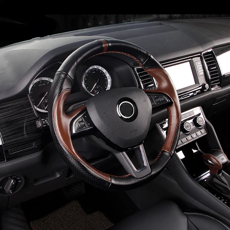Черный DIY натуральная кожа чехол рулевого колеса автомобиля обёрточная бумага чехол оплетка для Skoda rapid superb kodiaq karoq octavia yeti