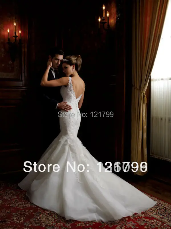 2014 New Arrival Luxury Mermaid Lace Wedding Dresses V-neck Chapel Train Backless Tulle Bridal Gowns Free Shipping zj282 | Свадьбы и