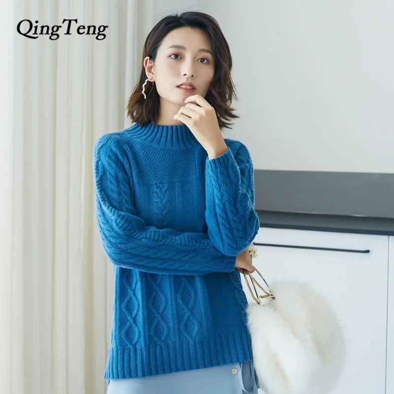 Cashmere Sweater White Female Mock Neck Coarse Knitting Long Sleeve Pullover Blue Thick Wool Turtlneck Women's Jumper Irregular | Женская