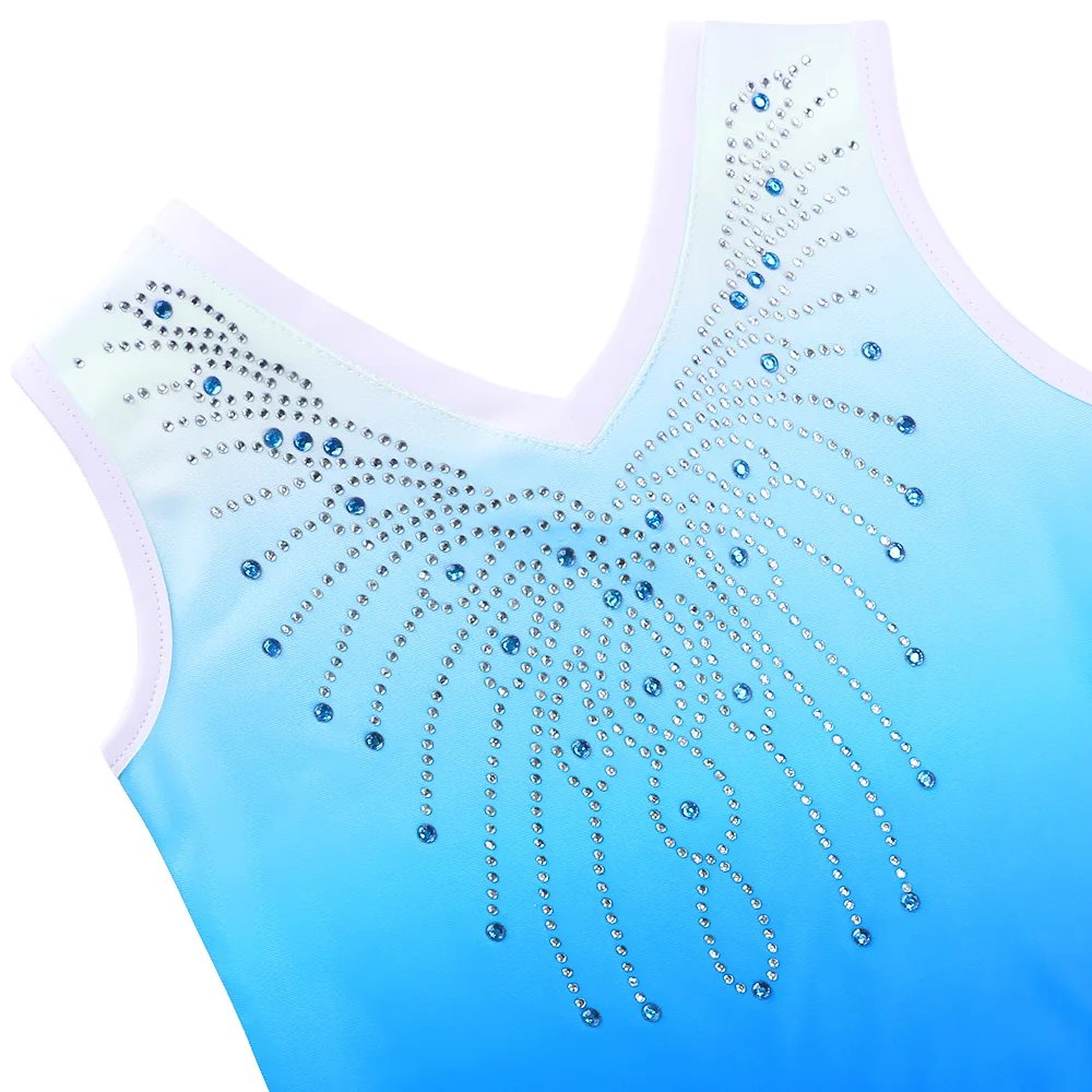 

BAOHULU Girls Sleeveless Leotard for Gymnastics Ballet Kids Graident Blue Dance Costume with Rhinestone