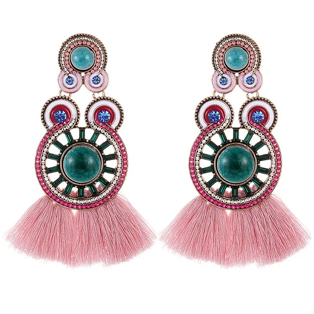 pink earrings Модные розовые длинные серьги с кисточками для женщин богемные массивные зеленые камни винтажные хрустальные Висячие серьги для девушек ювелирные изделия - Окраска металла: pink earrings