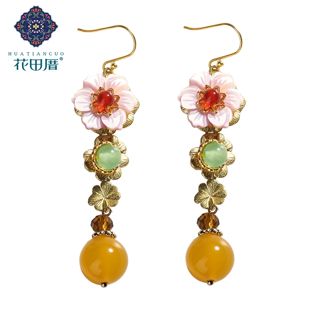 

Red Yellow Agate Pink Shell Flower Bead Ethnic Dangle Earring Section Crystal Alloy Flower Handmade Female Accessories EZ-18109