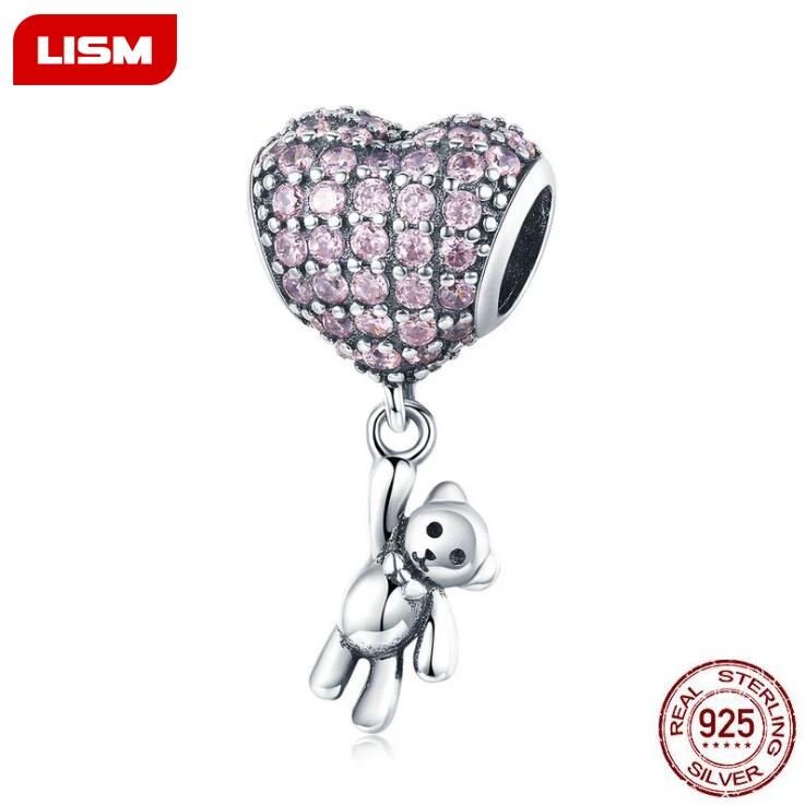 Фото Реальные 925 стерлингового серебра в виде медвежонка и воздушный шар бусины
