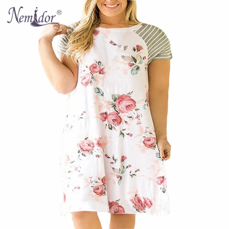 Женское платье футболка с круглым вырезом цветочным принтом и карманами|plus size