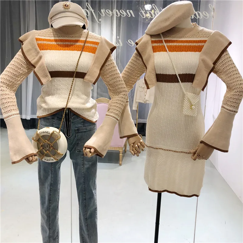 2018 Womens Jumpers Ruffled Striped Slim Female Sweater with Flare-sleeve Ladies Sweet Fashion Knitted for Christmas | Женская одежда