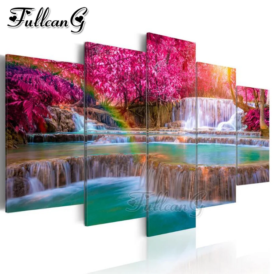 

FULLCANG 5pcs diy diamond painting natural scenery waterfall full square/round drill rhinestone embroidery multi-pictures FC1026