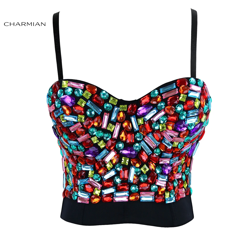 

Charmian Women's Sexy Punk Boned Bustier Bra Crop Top Sliver Beads Burlesque Club Dance Party Body Shaper Corsets and Bustiers