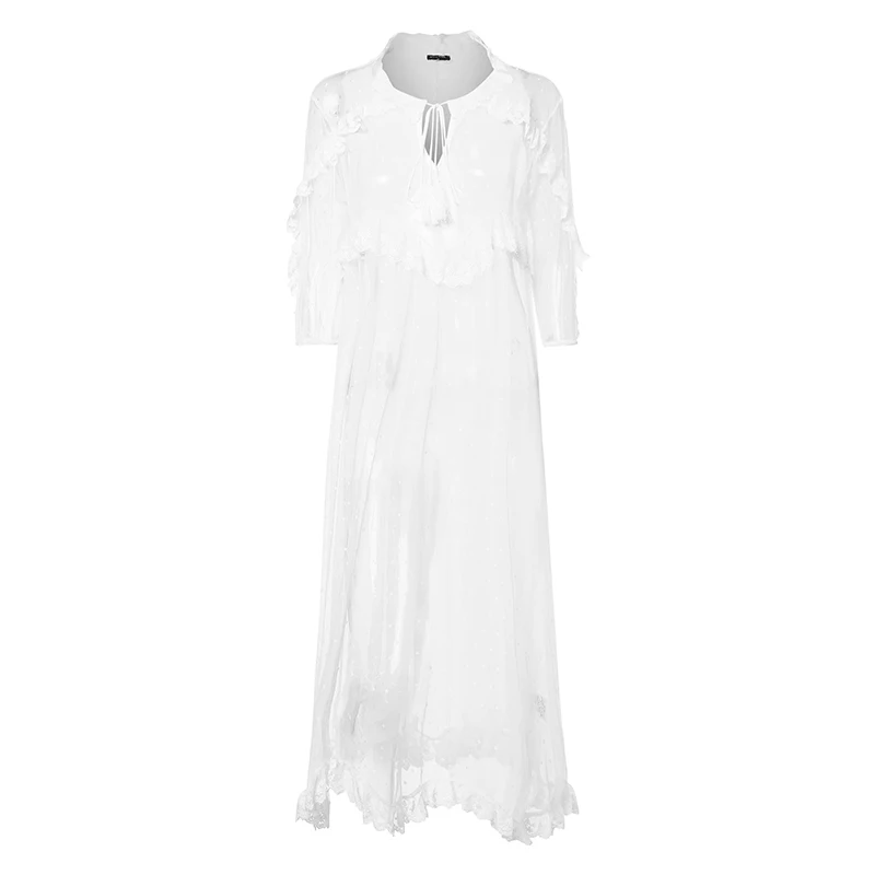 Женское кружевное платье VONDA белое богемное в горошек с v образным вырезом и