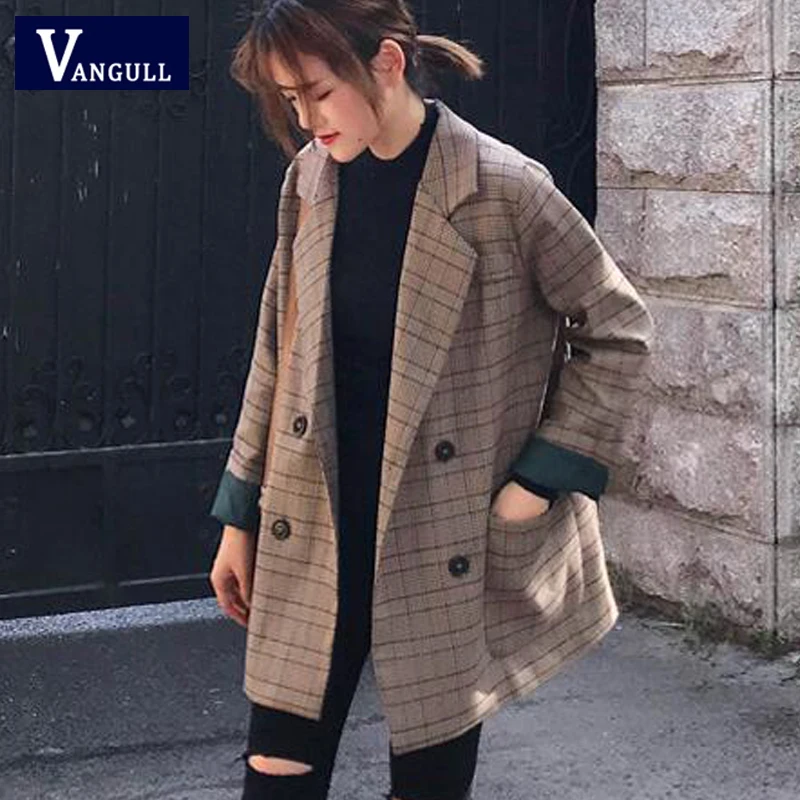 Vangull клетчатые женские блейзеры Модные Винтажные женские пальто с длинным рукавом весна осень однобортный корейский Свободный Женский блейзер