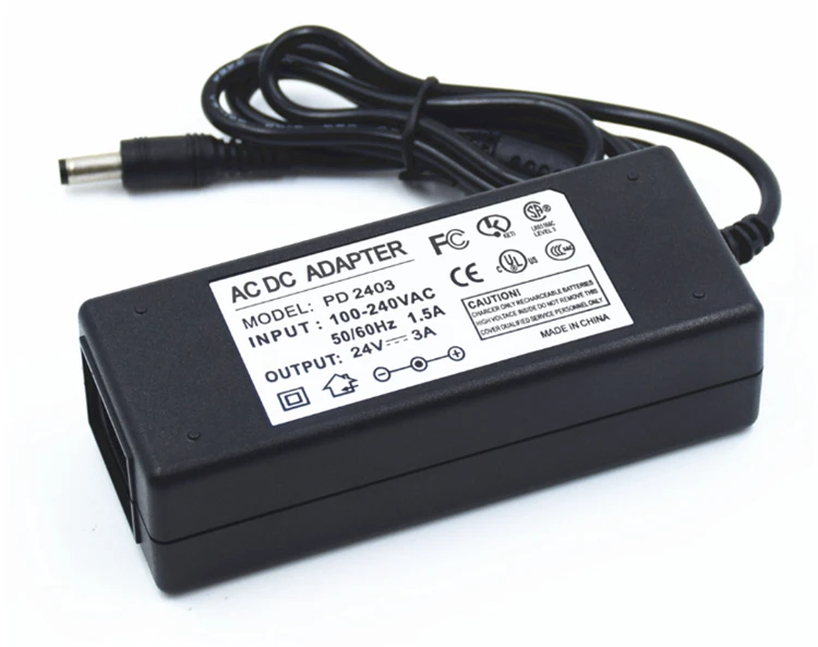 24Vdc Светодиодная лента 5,5*2,5, 5,5*2,1 адаптер питания, 72W Светодиодный светильник источник питания 24V 3A, 100-240Vac вход UL CE трансформатор в списке