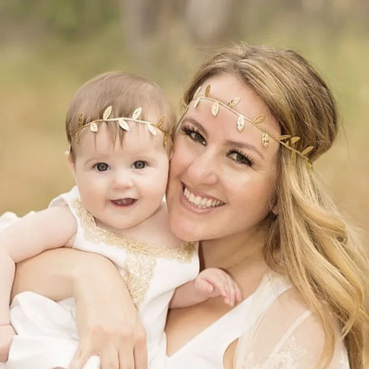 New Gold and Silver Leaves Girl Headband Parent-child Ladies Kids Elastic Head Bands Rubber Hairband Women Baby Hair Accessories |