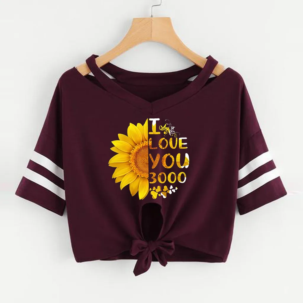Sunflower Red Feitong, женская мода, Подсолнух, летняя футболка, женская, повседневная, короткий рукав, круглый вырез, Повседневный, короткий топ, новинка, Camiseta Mujer - Цвет: Sunflower Red