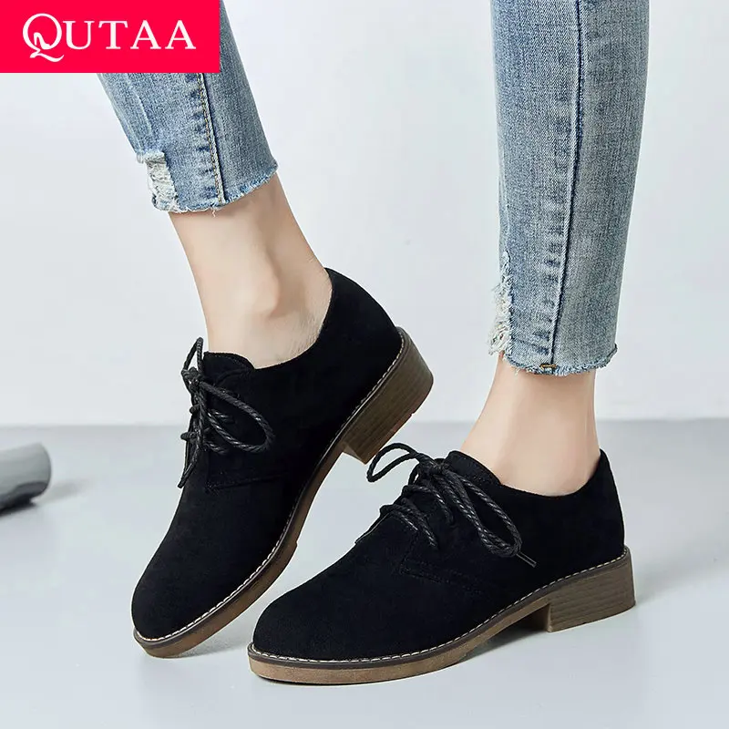 QUTAA/; женская обувь; женские туфли-лодочки на платформе; элегантные женские туфли-лодочки из флока на низком квадратном каблуке, с круглым носком, на шнуровке; размеры 34-43