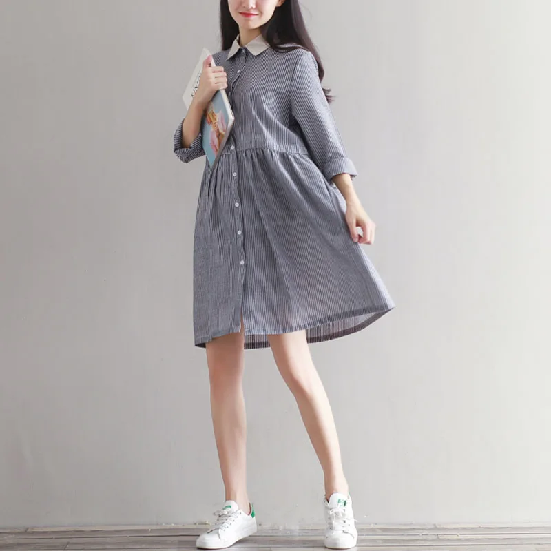 Mori Girl Spring Autumn Striped Dress Pannelled Turn Down Collar Single Breasted Long Sleeve High Waist Pleated Shirt | Женская одежда