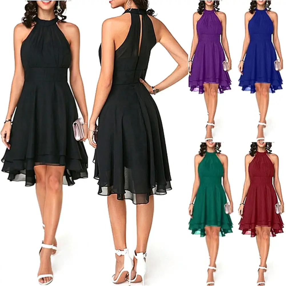 Новинка женское летнее многослойное асимметричное платье миди с лямкой на шее