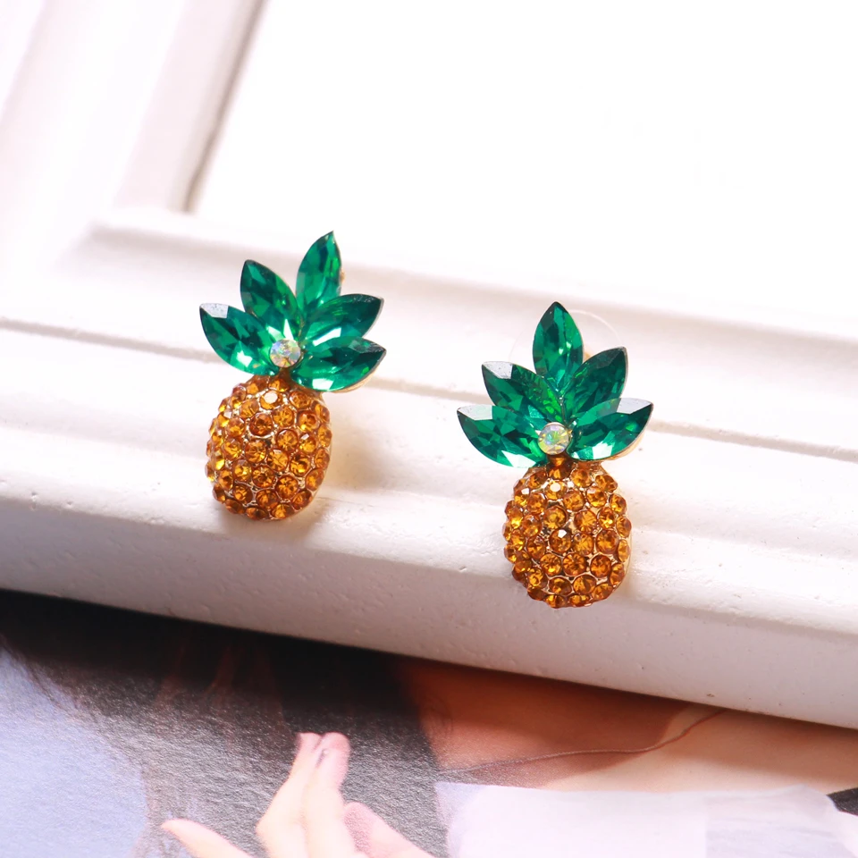 Ztech Exquisite Rhinestone Yellow Green Pineapple Stud Earrings For Women Unique Shining Crystal Fashion Jewelry Christmas Gifts