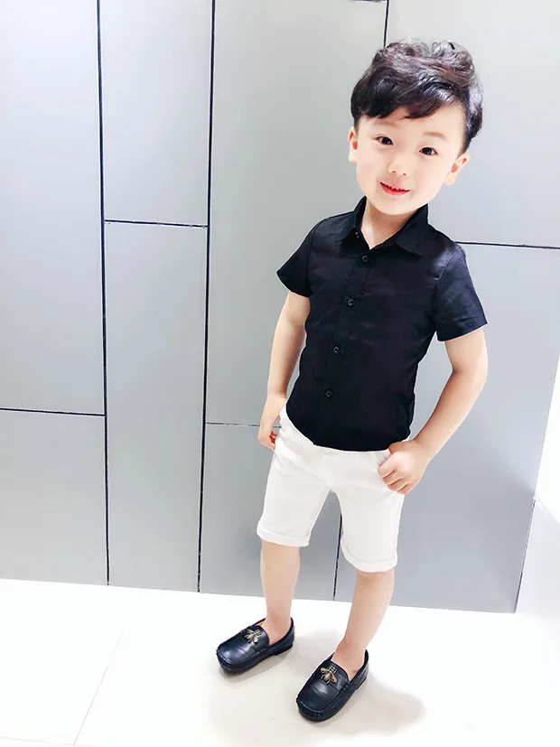 Baby Boy Shirts Summer 2018 Short Sleeve Cotton White for Boys Handsome Wedding Party Gentleman Top England Style |