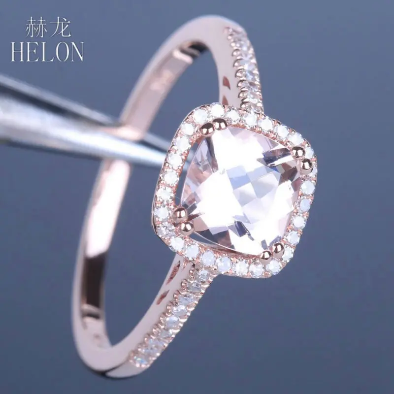 HELON Real 14 K розовое золото сертифицировано 6 мм Подушка 1.1ct натуральный морганит бриллиантовое обручальное кольцо для женщин Свадебные уникальные ювелирные изделия