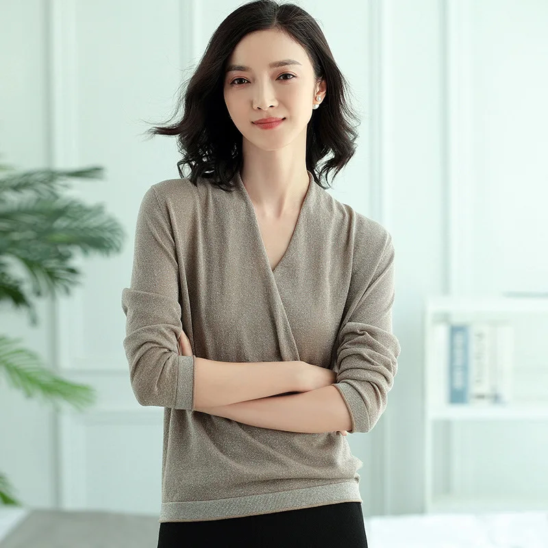 Осенняя мода V шеи с длинным рукавом свитер офис леди тонкий 4 сплошной цвет
