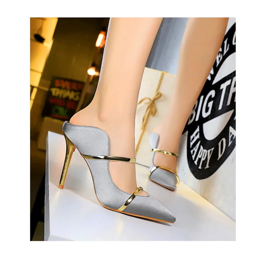7 Colors Solid Silk Women Slippers Pointed Toe Outdoor Sandals High Heels Woman Sexy Party Show Thin Ladies Shallow Summer Shoes