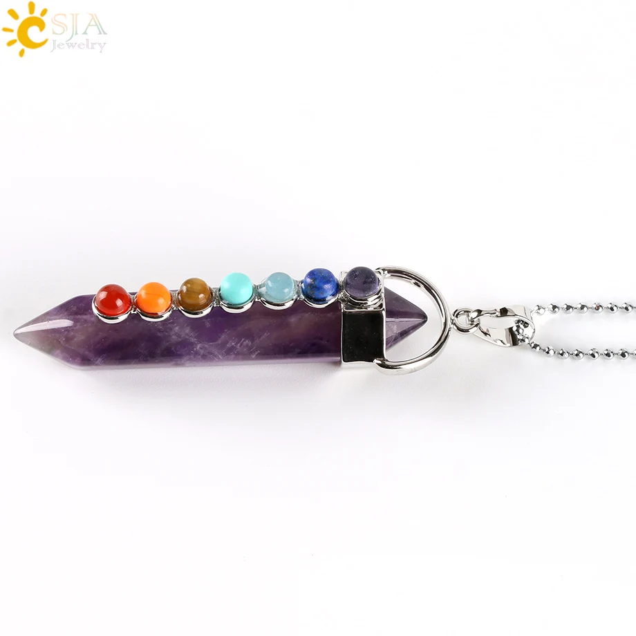 Amethyst Csja 7 Рэйки, лечение чакры Ожерелье Подвеска-маятник натуральный Круглый драгоценный камень шестиугольный наконечник розовый кристалл кварца Ювелирные изделия E586 - Окраска металла: Amethyst