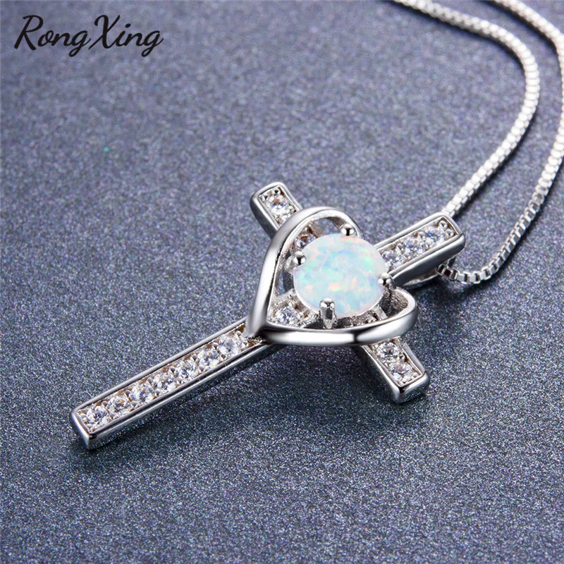 RongXing Silver Color White Fire Round Opal Cross Pendants Necklaces for Women Fashion Heart Gift NL0120 | Украшения и аксессуары