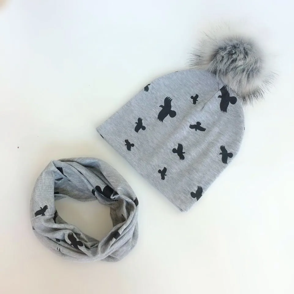 gray bird Детская шапка с помпонами, осенне-зимние детские шапки для девочек и мальчиков, детская шапочка, шапка с воротником, шарф, комплект, детская шапка, реквизит для фотосессии - Цвет: gray bird