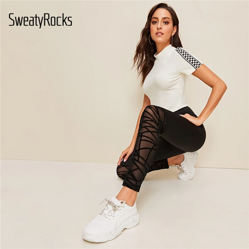 SweatyRocks, флокированные леггинсы с сетчатым подолом, обтягивающие леггинсы для активного отдыха, женские черные леггинсы для активного отдыха,, летние повседневные леггинсы для тренировок