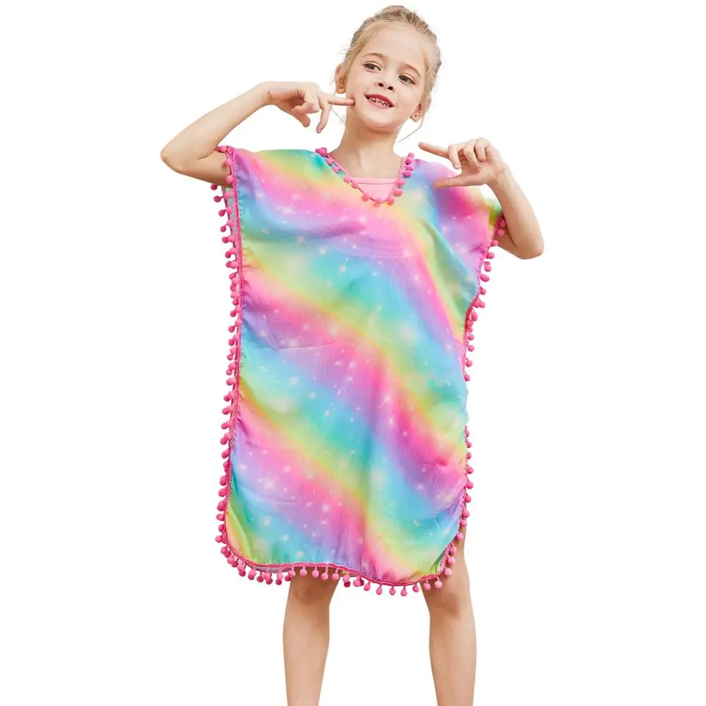 

Fioday New Summer Girls Cover-ups Swimsuit Soft Wraps Beach Dress Top with Pompom Tassel Chlid Beach Casual Swimsuits Beachwear