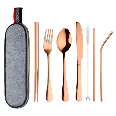 rose gold 8 шт./компл. посуда многоразовые столовый набор в дорогу для путешествий лагерь набор посуды из нержавеющей стали Ложка Вилка палочки дозирующая детская ложка для соломы Портативный чехол - Цвет: rose gold