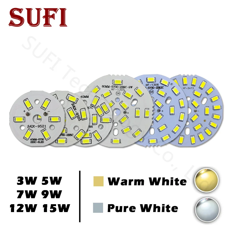 Фото 10 шт., 3 Вт, 5 Вт, 7 Вт, 9 Вт, 12 Вт, 15 Вт, ярсветодиодный Светодиодная панель SMD5730, белая, теплая белая светодиодная панель для потолочного PCB для пот... №1