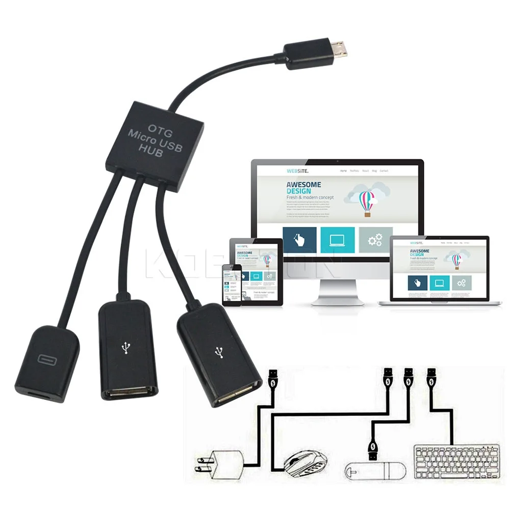 Kebidu OTG 3 порта Micro USB зарядный концентратор кабель Spliter Соединительный адаптер для