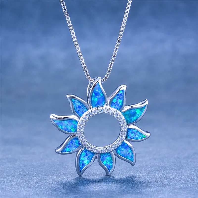 Silver Blue Opal Милый Бохо женский большой кулон Подсолнечник ожерелье s Белый Синий огненный опал ожерелье 925 пробы Серебряная цепочка Ожерелье s для женщин - Окраска металла: Silver Blue Opal